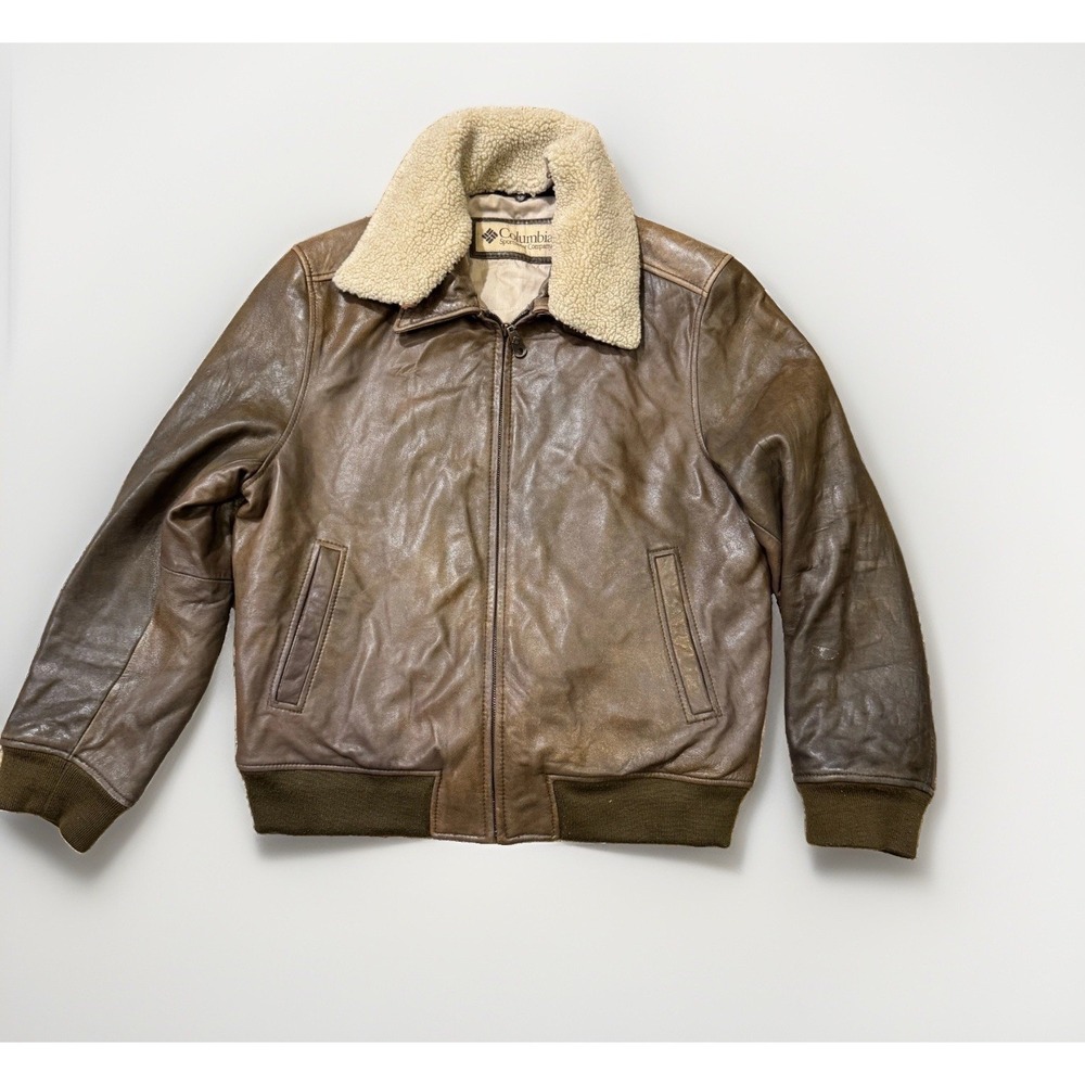 Vintage Columbia Bomber Jacket Mens XL Brown Leather Faux Sherpa Collar Full Zip